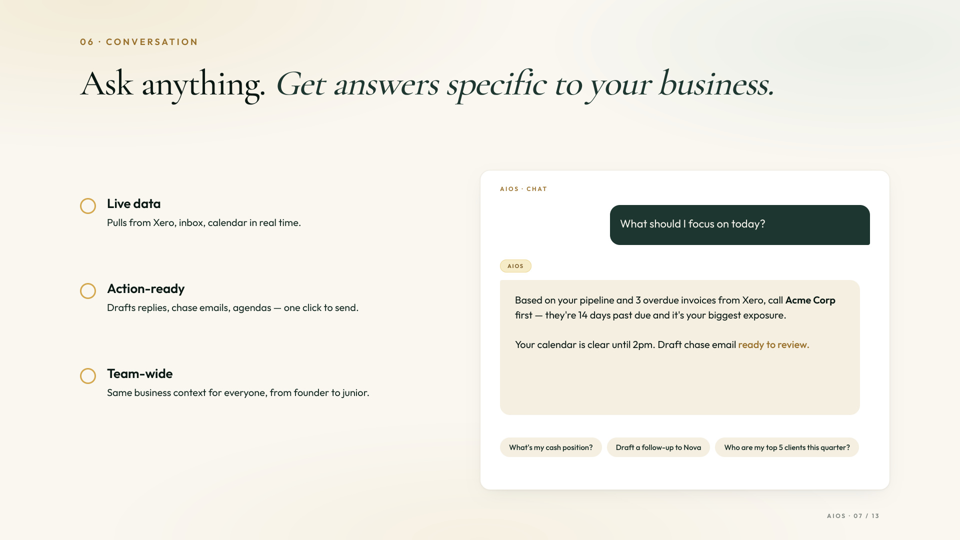 Conversation — Ask anything. Get answers specific to your business. Live data, action-ready, team-wide.
