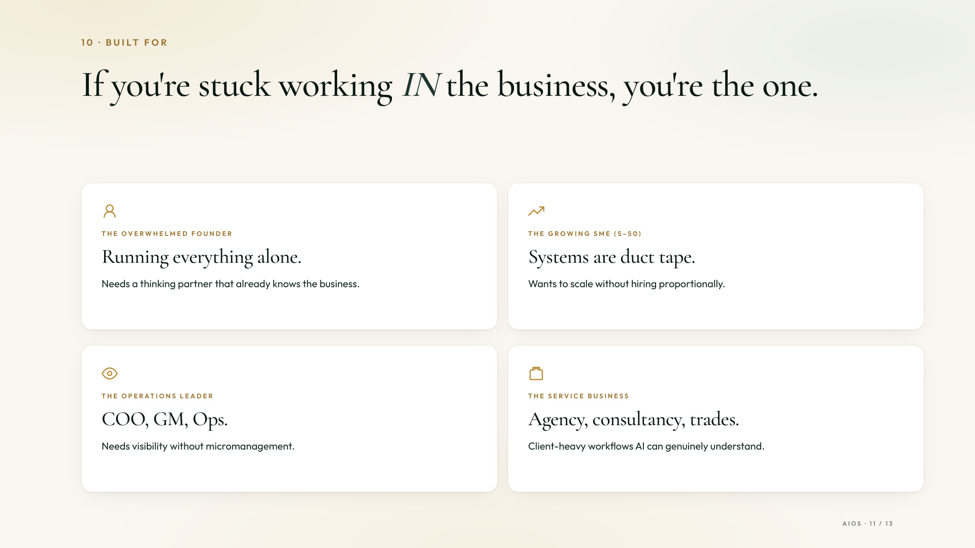 Built for — The overwhelmed founder, growing SME, operations leader, and service business.